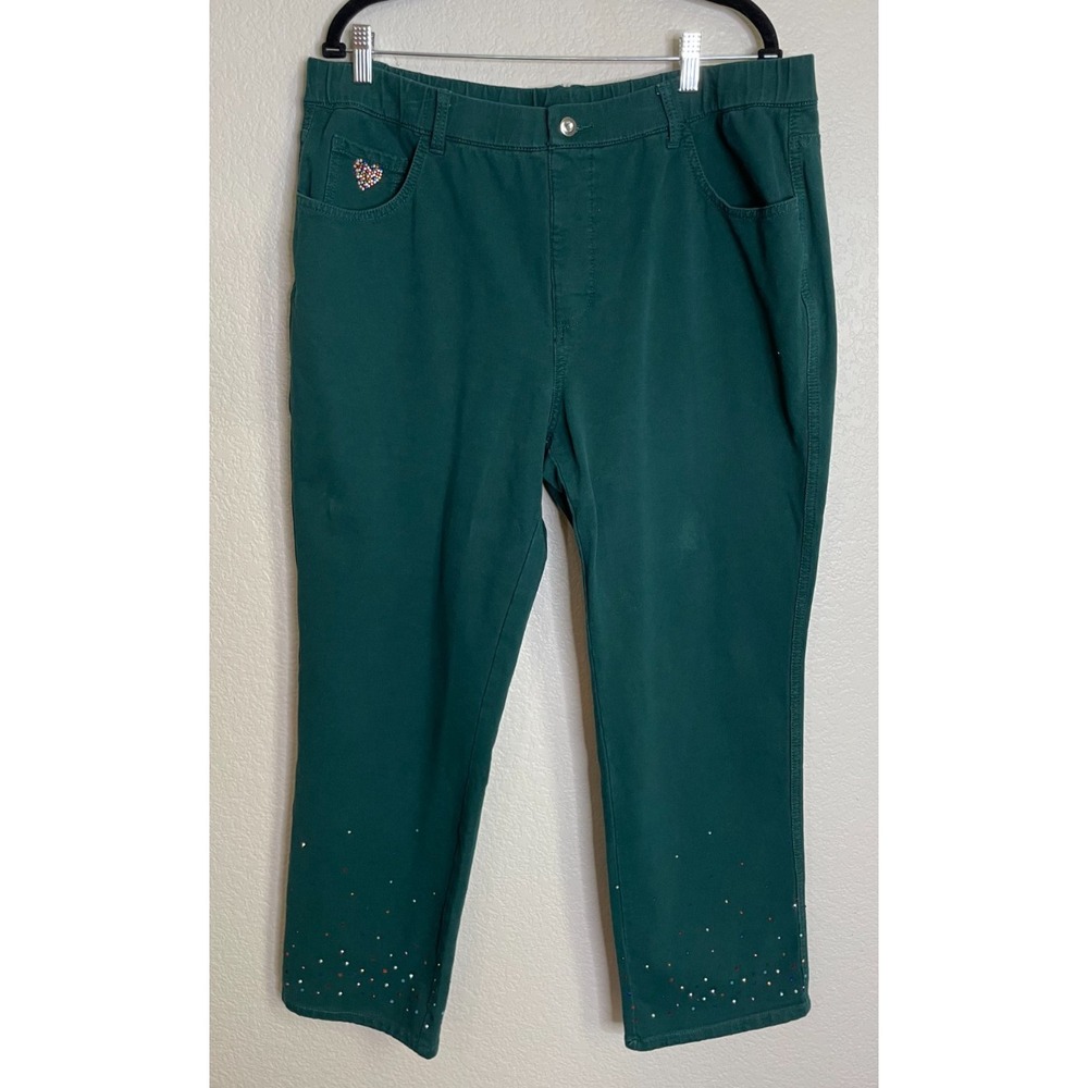 Quacker Factory Womens 1X‎ Short Green Embellished Denim Jeans Pockets Stretch